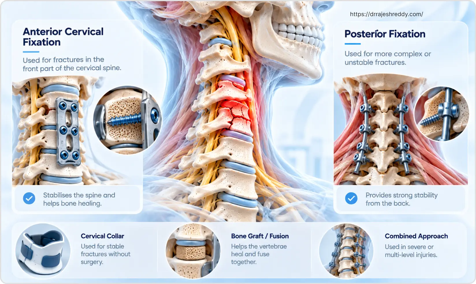 Cervical fracture treatment options including anterior fixation, posterior fixation, cervical collar, and fusion